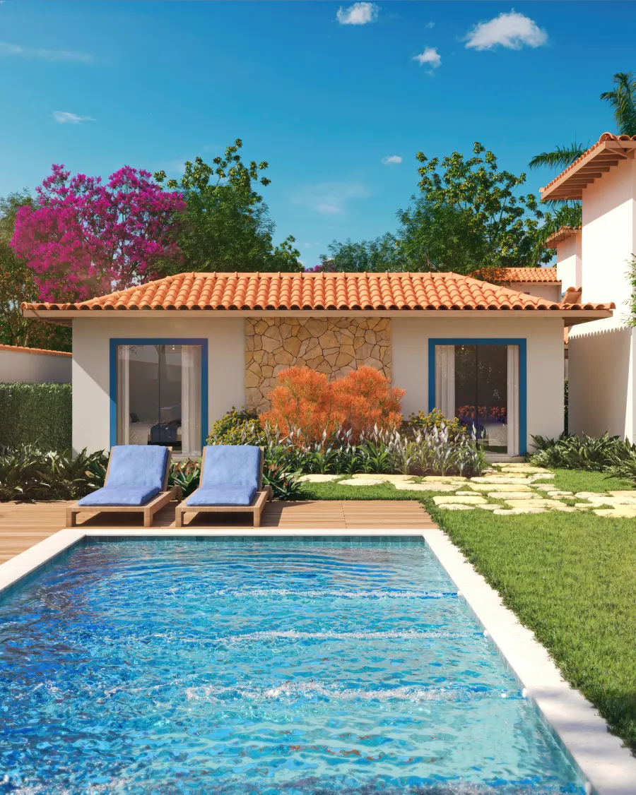 Perspectiva da piscina com as suítes externas da Casa 03