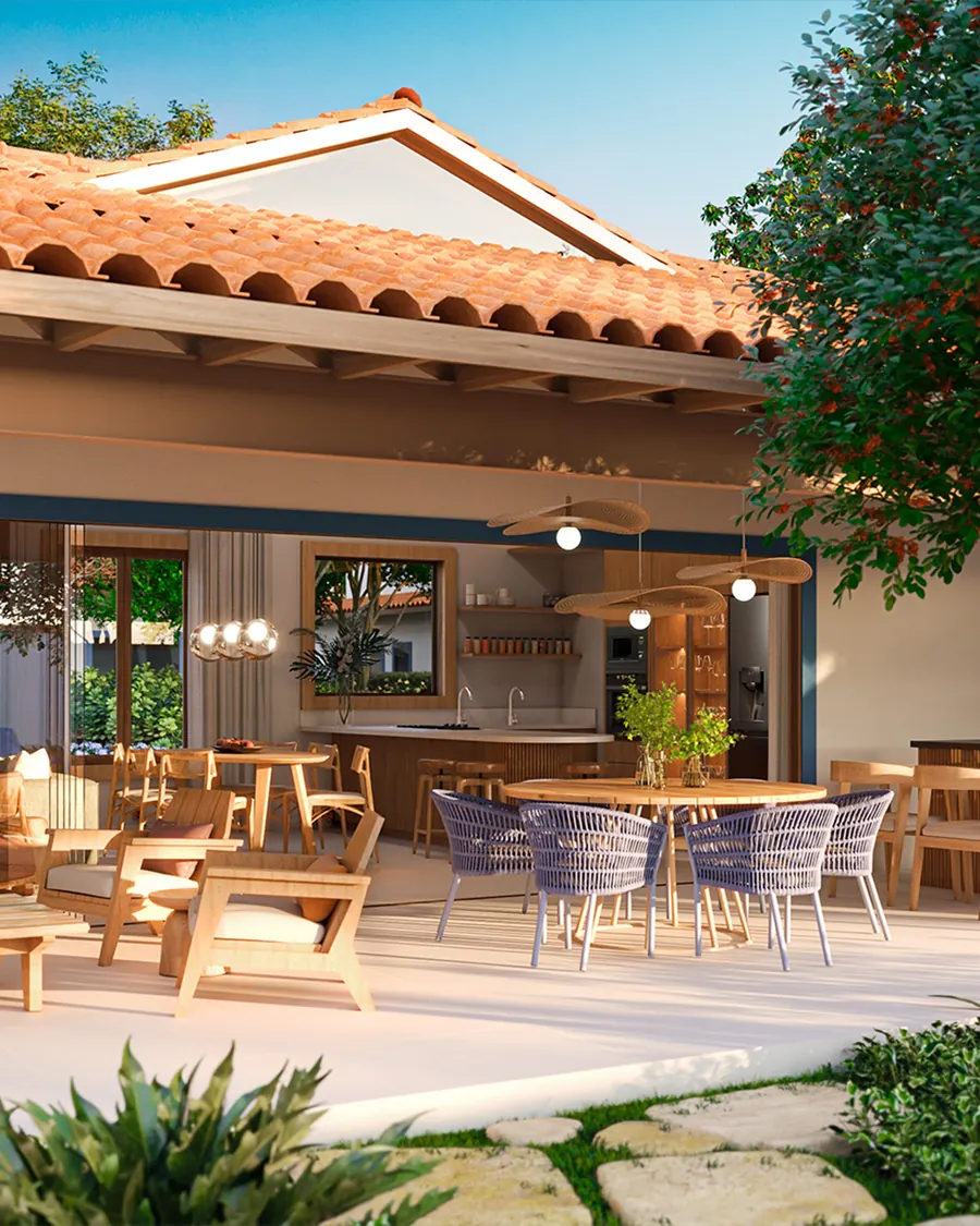 Perspectiva da varanda gourmet com mesa, cozinha e vista para o jardim