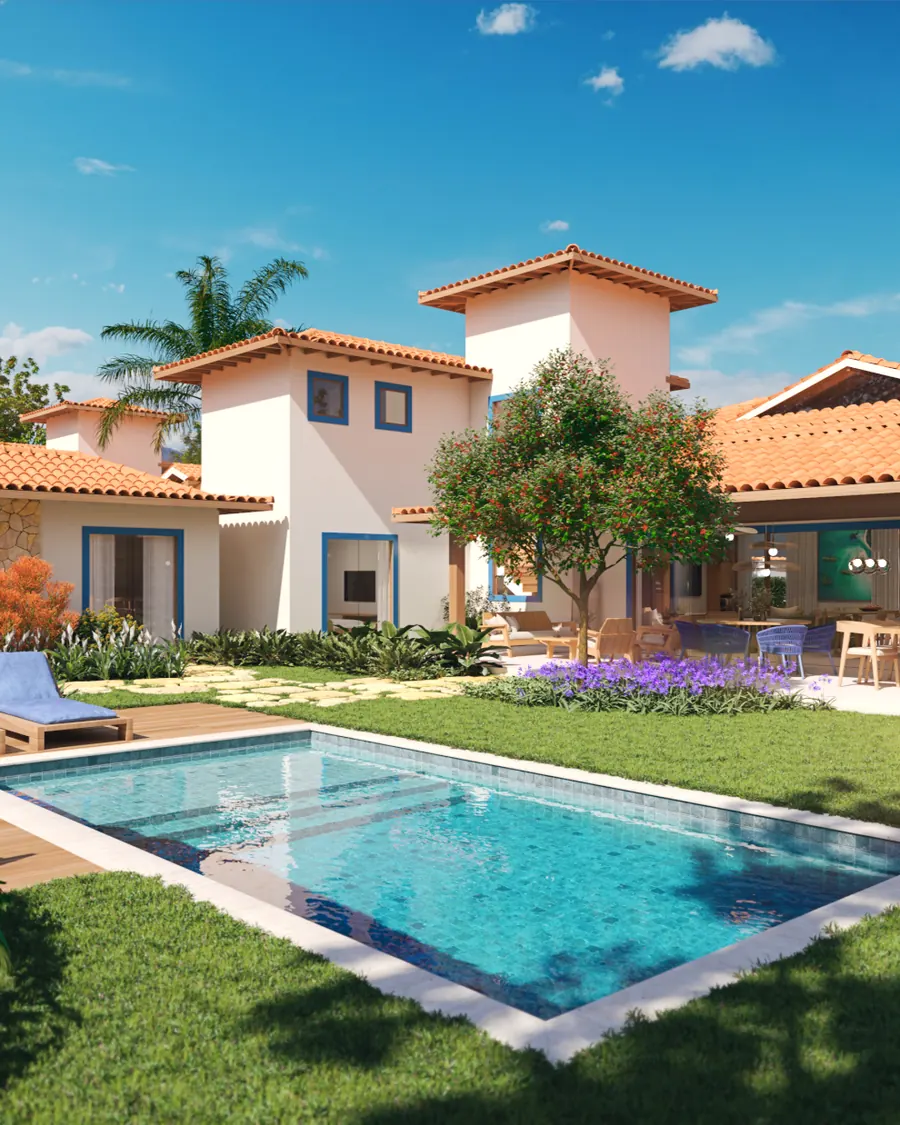 Perspectiva 3D do jardim com piscina